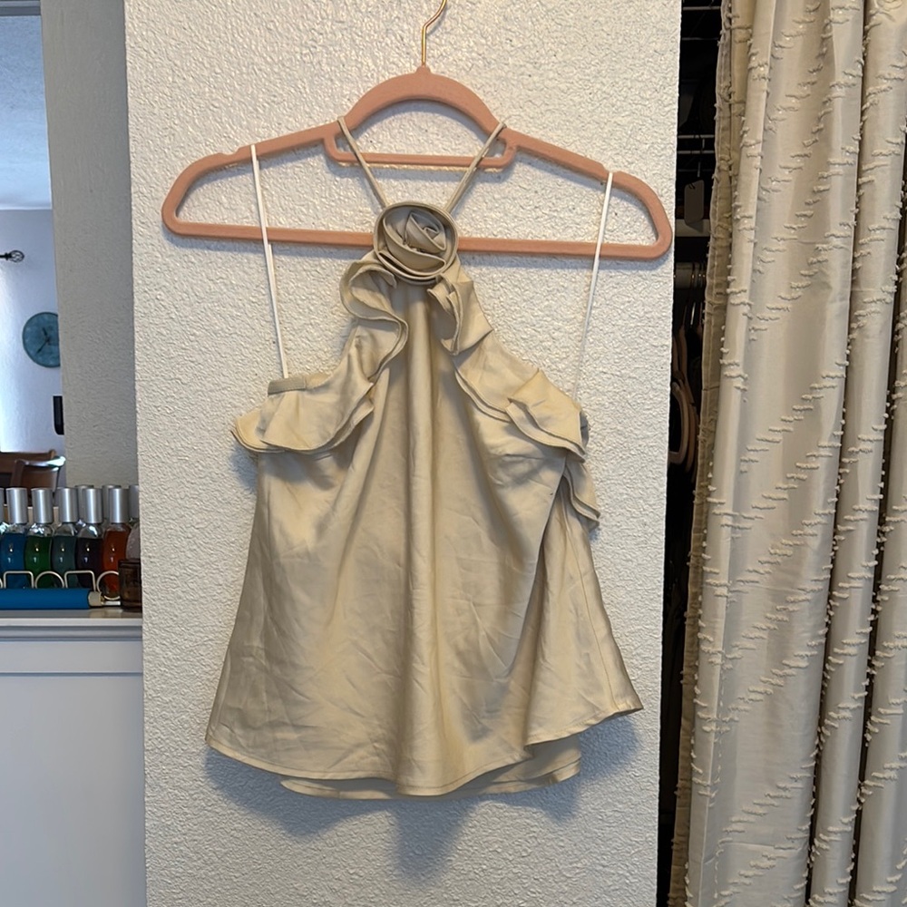 Astr Cream Ruffled Halter Tank Top